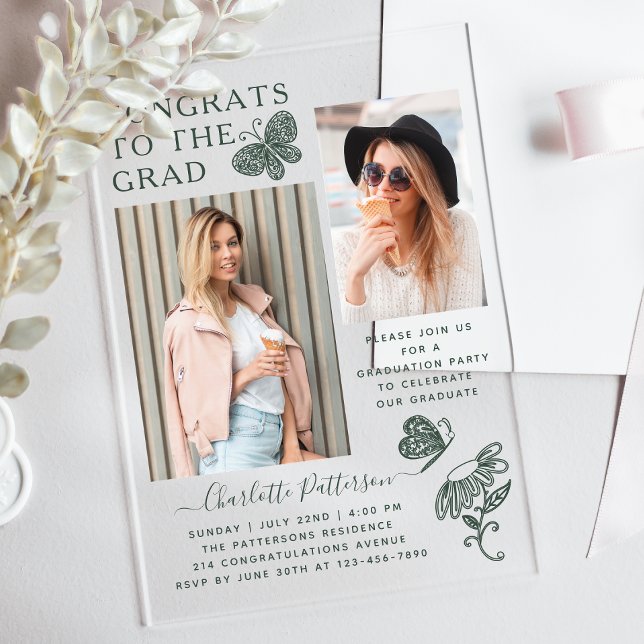 Moderne Grüne Schmetterlingspartei Foto Graduation Acryleinladungen (Von Creator hochgeladen)
