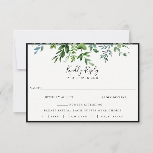 Moderne grüne Schwarze Hochzeit RSVP Meal Choice (Vorderseite)