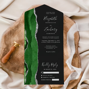 Moderne grüne Silber Agate Dunkle Hochzeit All In One Einladung