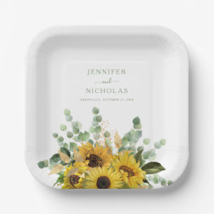 Moderne grüne Sonnenblumen-Hochzeit Pappteller