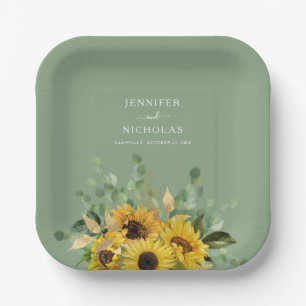 Moderne grüne Sonnenblumen-Hochzeit Pappteller