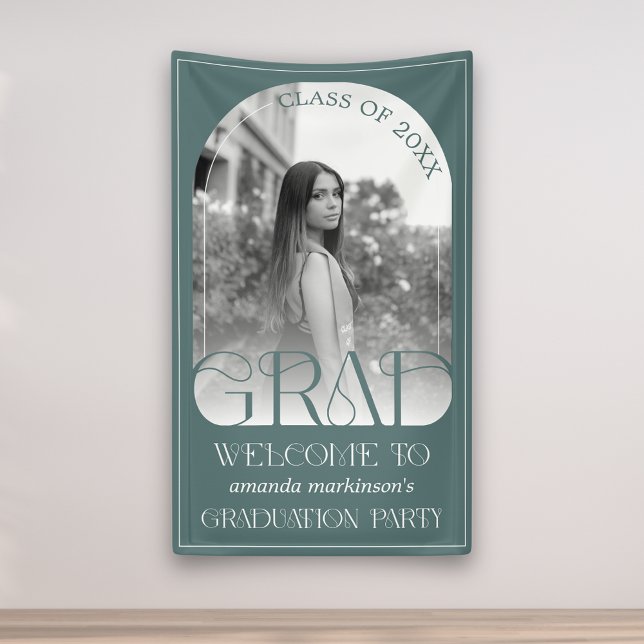 Moderne grüne Torbogen-Foto-Graduationsbegrüßung Banner (Von Creator hochgeladen)