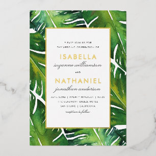 Moderne grüne tropische Blätter Hochzeit Folieneinladung