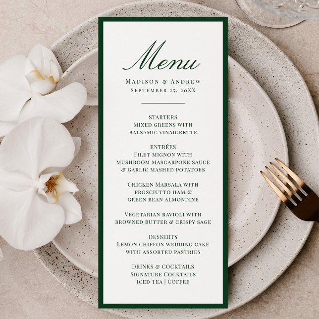 Moderne grüne Umrandung Hochzeit Menükarte (Von Creator hochgeladen)