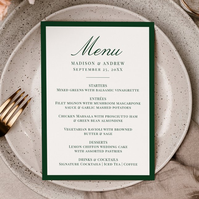 Moderne grüne Umrandung Hochzeit Menükarte (Von Creator hochgeladen)