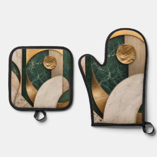 Moderne grüne und beige abstrakte Ofenhandschuh un & Topflappen-Set
