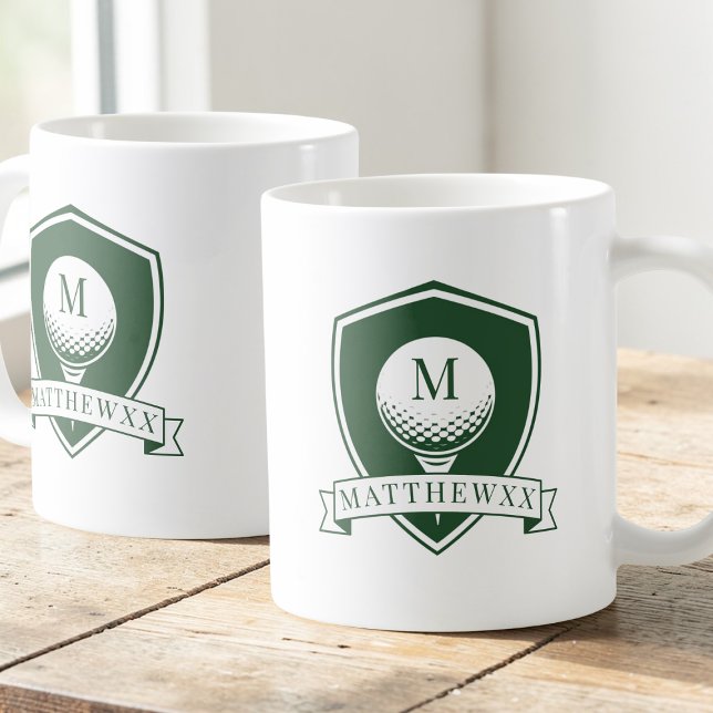 Moderne grüne und weiße Golfball-Name-Monogramm Kaffeetasse (Modern Green and White Golf Ball Name Monogram Coffee Mug)