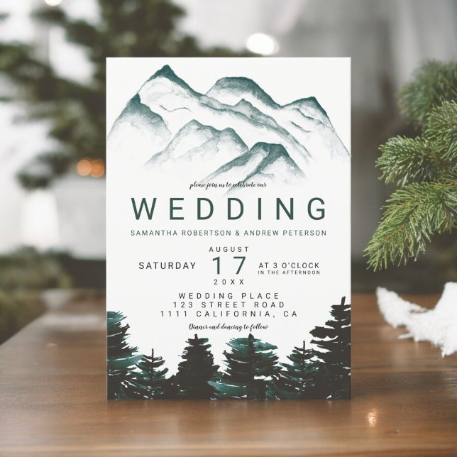 Moderne grüne Waldberge Hochzeit Einladung (Modern green watercolor forest mountains wedding invitation)