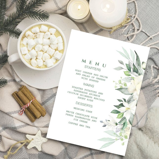 Moderne grüne Weiße Blumenkarte Einladung (Celebrate in style with our chic white floral menu invitation, ﻿#WeddingSeason #watercolorflowers)