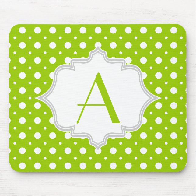 Moderne grüne, weiße Punkte-Muster & Monogramm Mousepad (Vorne)
