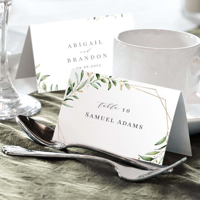 Moderne Grünflächen Geometrische Platzkarte Tischnummer (Modern Greenery Gold Geometric Foldable Place Card)