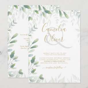 Moderne Grünpflanzen Blätter Gold Wedding QR Code Einladung