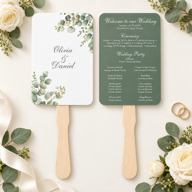 Moderne Grünpflanzen-Eukalyptus-Hochzeitsprogramm Fächer (Modern Greenery Eucalyptus Wedding Program Hand Fan)