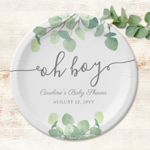 Moderne Grünpflanzen Eukalyptus Oh Boy Baby Dusche Pappteller