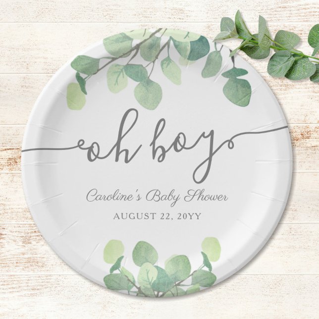Moderne Grünpflanzen Eukalyptus Oh Boy Baby Dusche Pappteller (Oh Boy! Eucalyptus Baby Boy Shower Paper Plates)