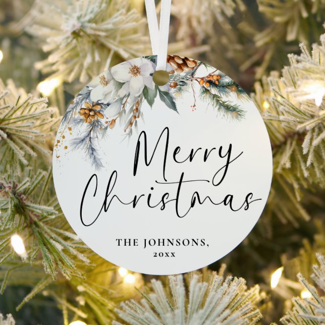 Moderne Grünpflanzen Frohe Weihnachtsfamilie Foto Ornament Aus Metall (InSitu)