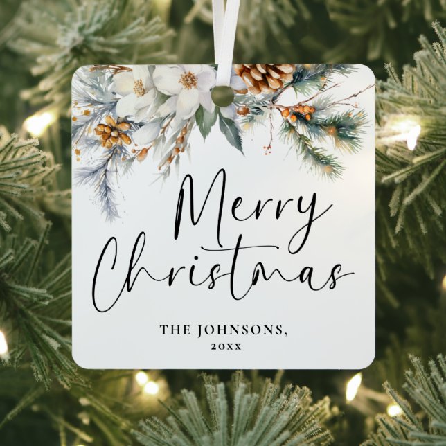 Moderne Grünpflanzen Frohe Weihnachtsfamilie Foto Ornament Aus Metall (InSitu)