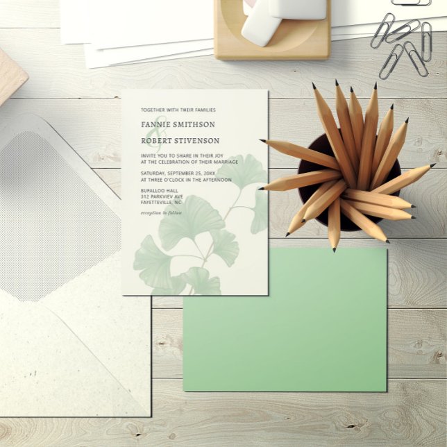 Moderne Grünpflanzen Ginkgo Tree Wasserfarbenhochz Einladung (Von Creator hochgeladen)