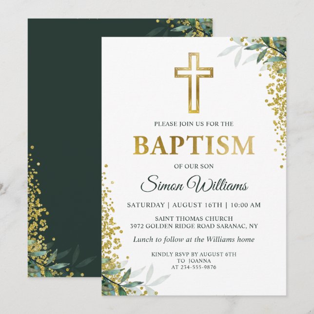 Moderne Grünpflanzen Gold Cross Glitzer Taufe Einladung (Vorne/Hinten)