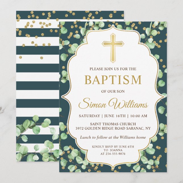 Moderne Grünpflanzen Gold Glitzer Taufe Einladung (Vorne/Hinten)