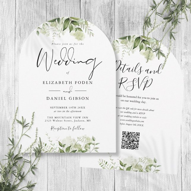Moderne Grünpflanzen QR Code Wedding Arch Einladung (Modern Greenery Floral QR Code Wedding Arch Invitation)