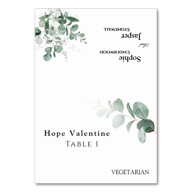 Moderne Grünpflanzen Weiße Hochzeitsfräse Platzkar Tischnummer (Vorderseite)