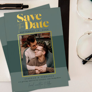 Moderne Grüntöne im Wald Foto Save the Date Folieneinladung