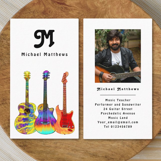 Moderne Guitar Teacher Custom Foto Business Card Visitenkarte (Modern retro guitar music teacher professional musician photo black and white simple Business card )
