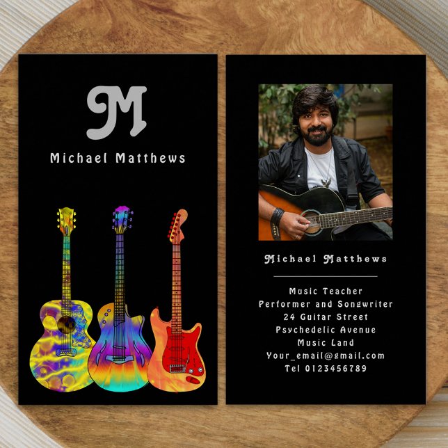 Moderne Guitar Teacher Custom Foto Business Card Visitenkarte (Retro modern guitar music teacher professional musician photo Business card Colorful guitar art)
