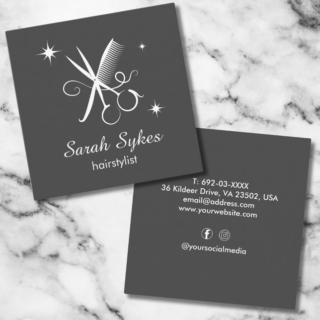 Moderne Haar Stylist Scheren Barber Dark Gray Quadratische Visitenkarte (Von Creator hochgeladen)