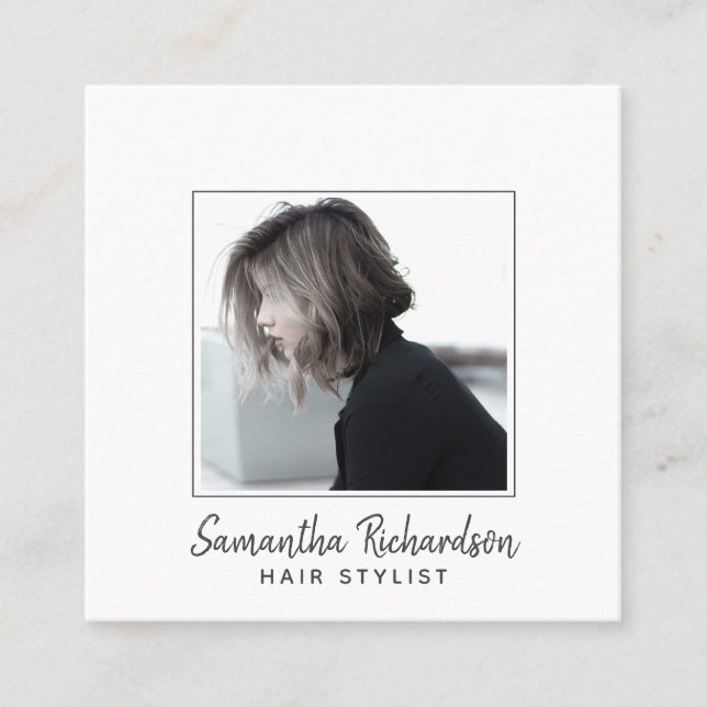 Moderne Hair Stylist Foto Business Card Quadratische Visitenkarte (Vorderseite)