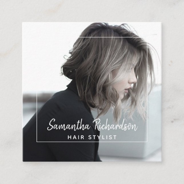 Moderne Hair Stylist Foto Business Card Quadratische Visitenkarte (Vorderseite)