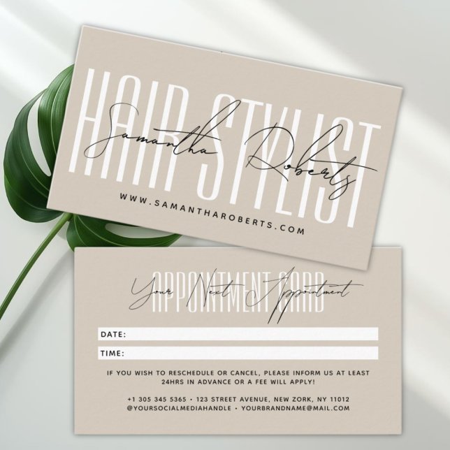 Moderne Hairstylist-Schrift-Typografie beige Terminkarte (Von Creator hochgeladen)