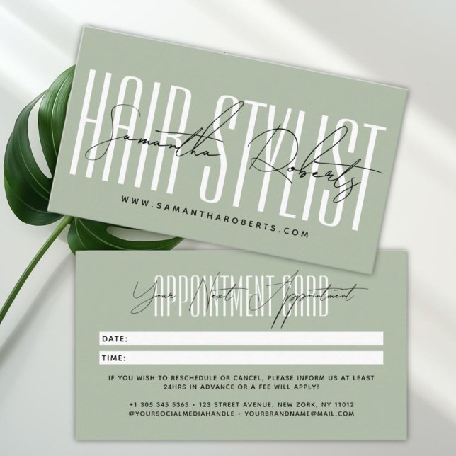 Moderne Hairstylist-Schrift-Typografie salbeigrün Terminkarte (Von Creator hochgeladen)