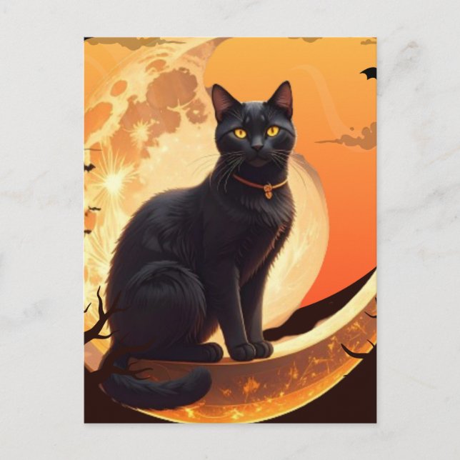 Moderne Halloween Black Cat Postkarte (Vorderseite)