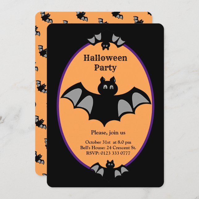 Moderne Halloween-Fledermaus in Schwarz und Orange Einladung (Vorne/Hinten)