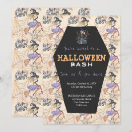 Moderne Halloween-Hexen mit Besen-Party Einladung