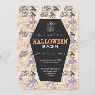 Moderne Halloween-Hexen mit Besen-Party Einladung