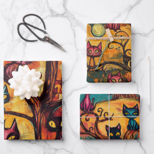 Moderne Halloween-Katzen Geschenkpapier Set