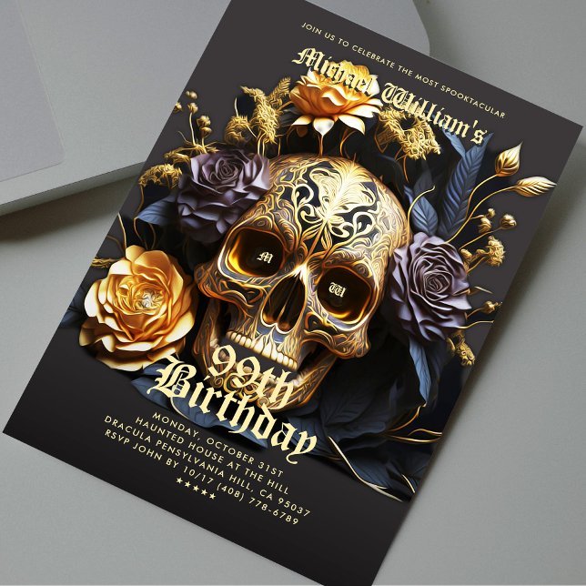 Moderne Halloween Party Black Gold Skull Einladung (Modern Halloween Birthday Party Black Gold Skull Invitation
)