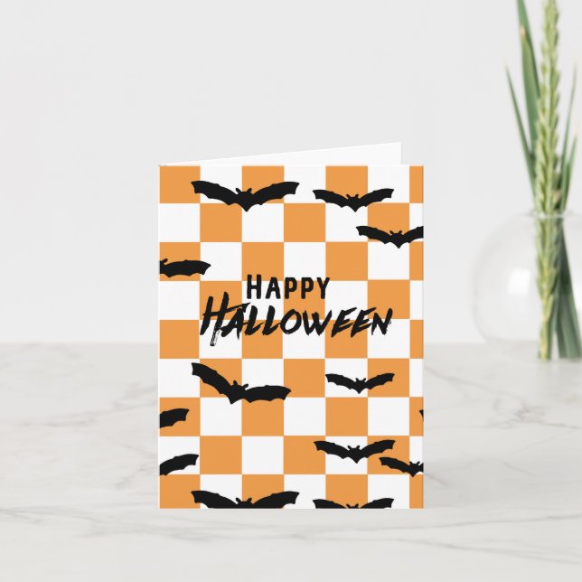 Moderne Halloween Spookobas Orange Checkerboard Dankeskarte (Vorderseite)