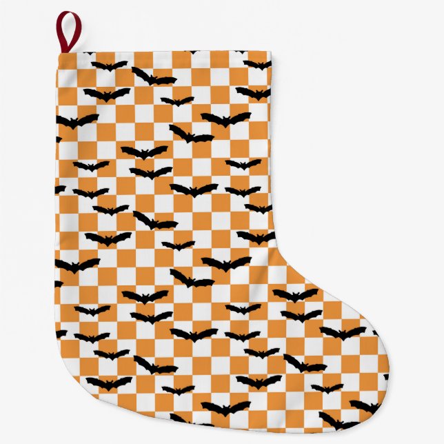 Moderne Halloween Spookobas Orange Checkerboard Großer Weihnachtsstrumpf (Vorderseite)