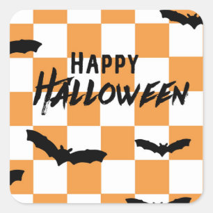 Moderne Halloween Spookobas Orange Checkerboard Quadratischer Aufkleber