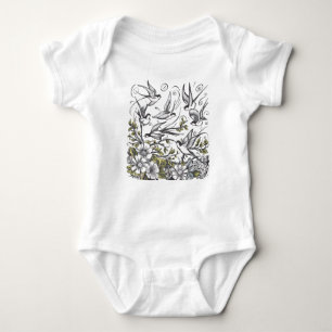 Moderne handbemalte Blume und Vogelfeld Baby Strampler