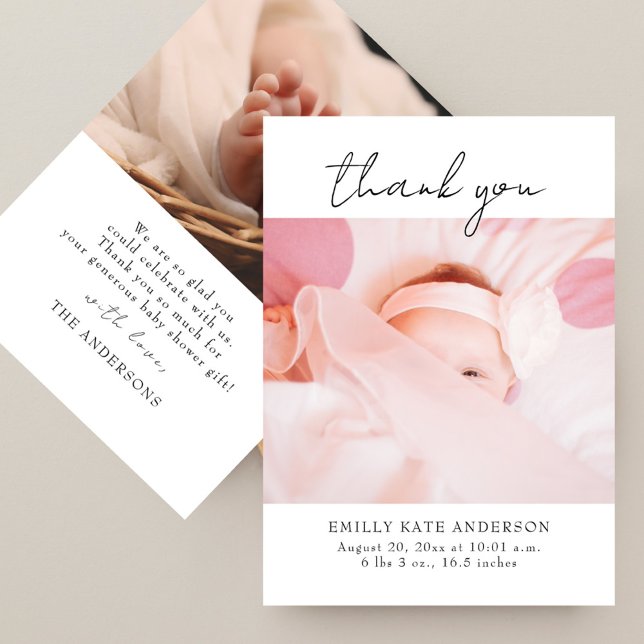 Moderne, handgeschriebene 2 Fotos Babydusche Dankeskarte (Modern Elegant Handwritten 2 Photos Baby Shower Thank You Card)