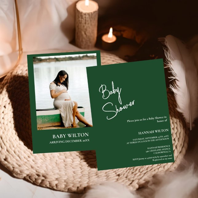 Moderne handgeschriebene Emerald-Green-Babydusche Einladung (Von Creator hochgeladen)