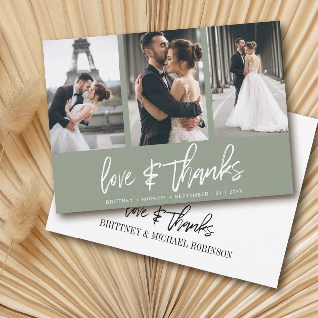 Moderne handgeschriebene Foto Collage Sage Green Dankeskarte (Show your appreciation to your loved ones with an awesome photo thank-you card!)