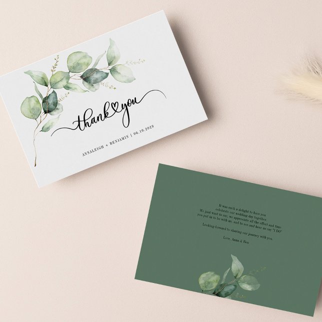 Moderne handgeschriebene Hochzeit Vielen Dank Mitteilungskarte (Botanical Minimalist Eucalyptus Script Thank You Note Card)