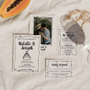 Moderne handgeschriebene Hochzeitstorte im Retro-R Einladung