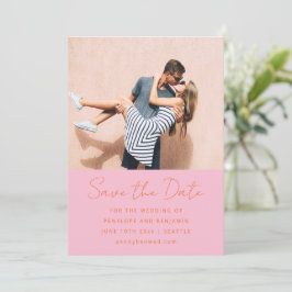 Moderne handgeschriebene pink-orange-Hochzeitsfoto Save The Date